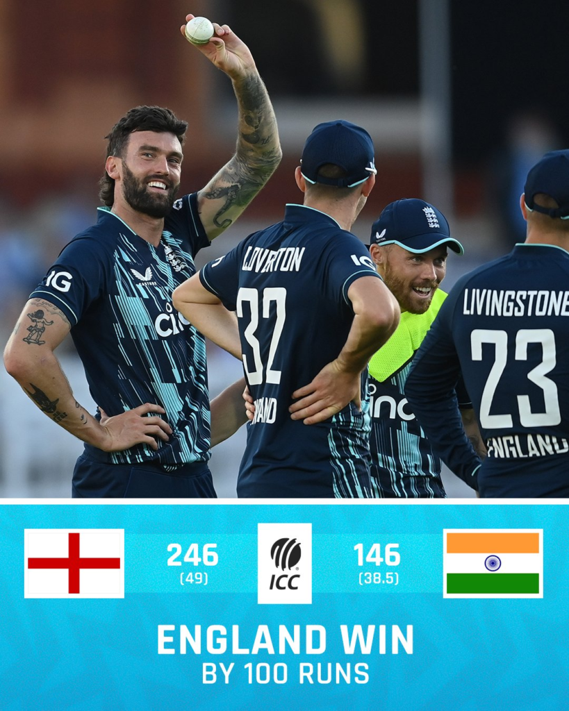 England won by 100 runs: Toplay took 6 wickets one of the best performances, Chahal restricted England at 246